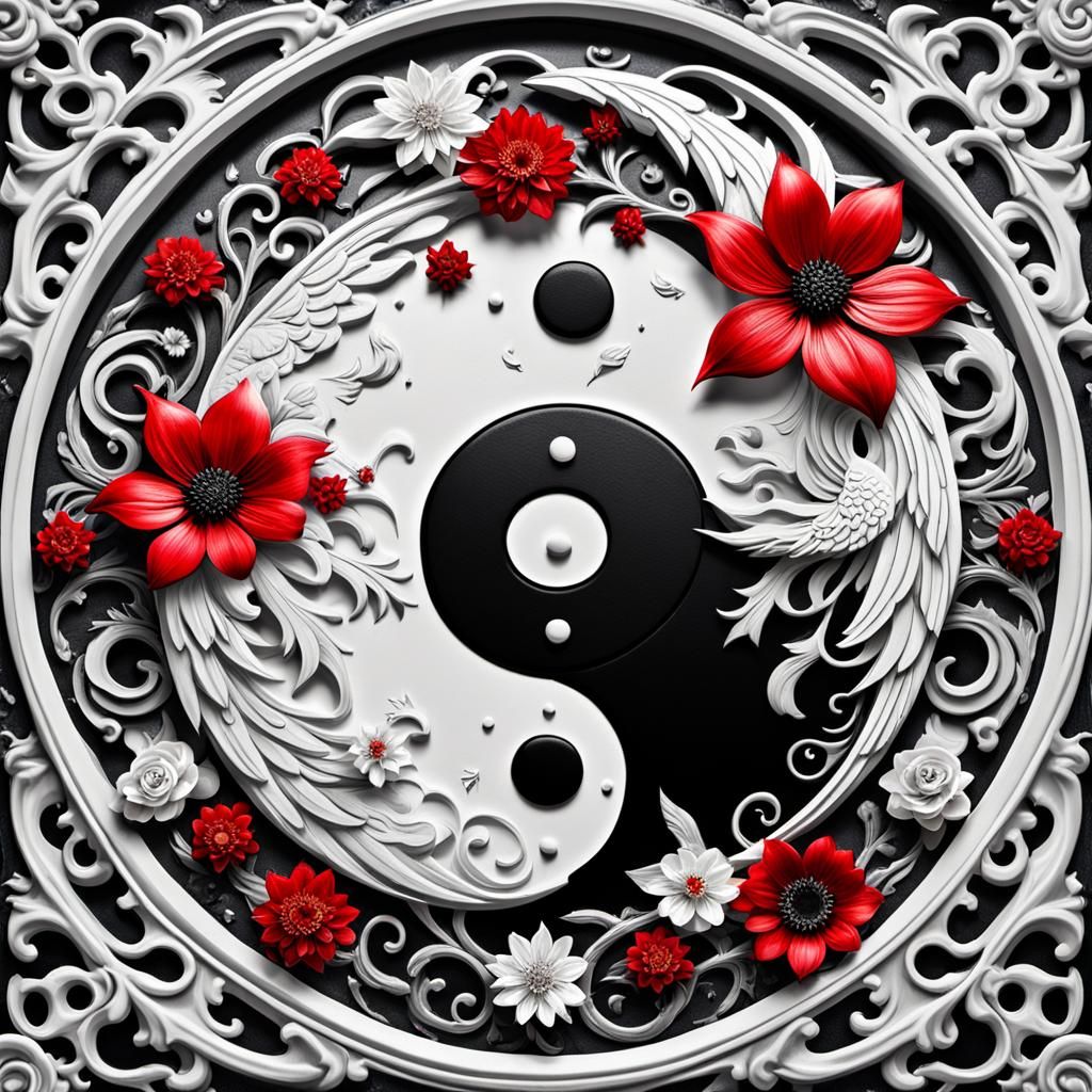 Yin Yang Symbol with Angel, Devil and Flowers