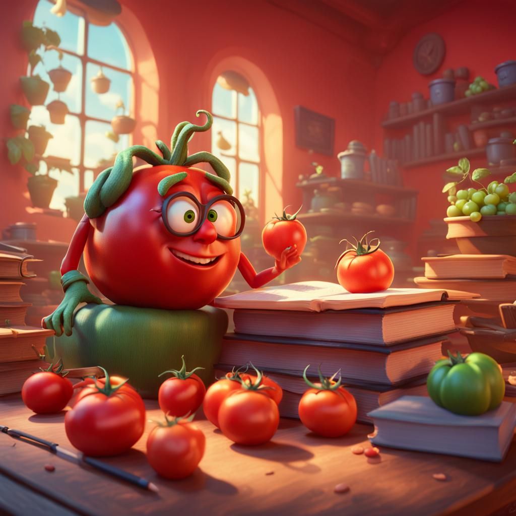 Tomato Scholar Studying: Pixar Style 3D Art