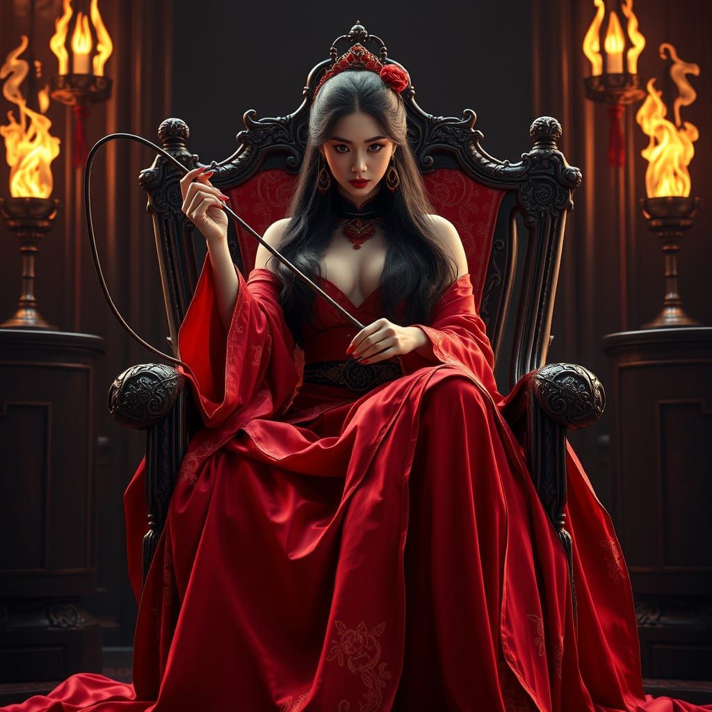 Asian Woman on Rocking Chair Throne in Dark Fantasy Style