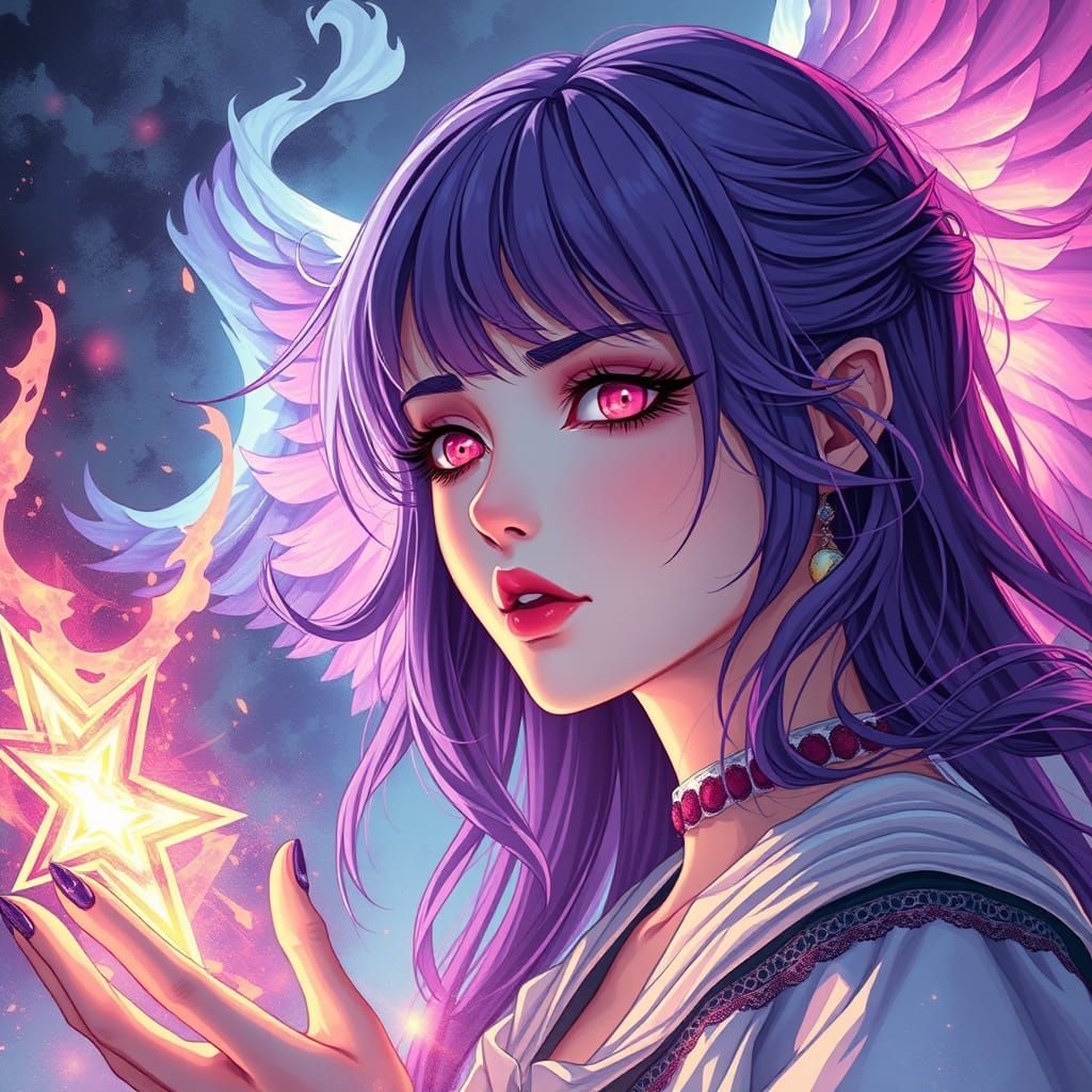 she is the on with violet hair and pink eyes her voice of an...