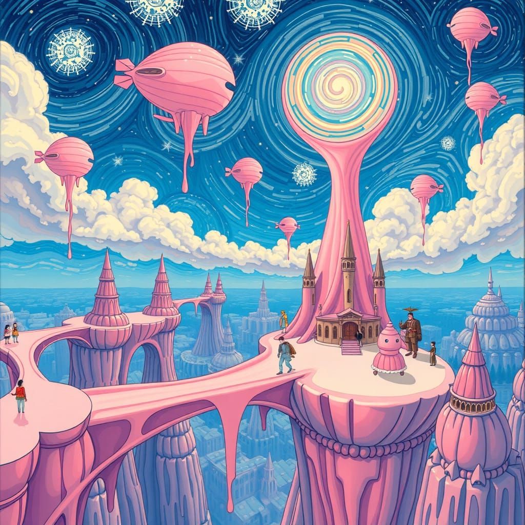 Whimsical Sky City of Bubblegum Islands in a Starry Night