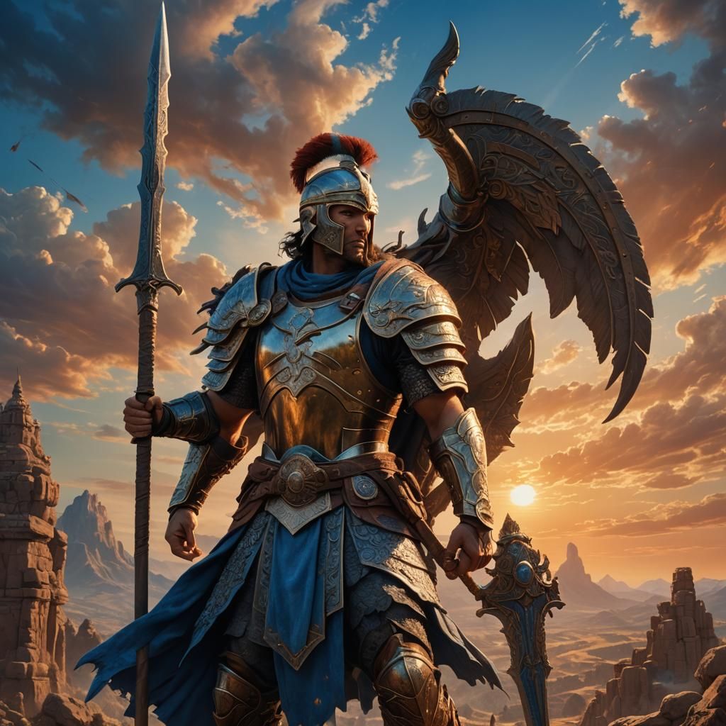 Heroic Warrior Victorious in Golden Hour Light