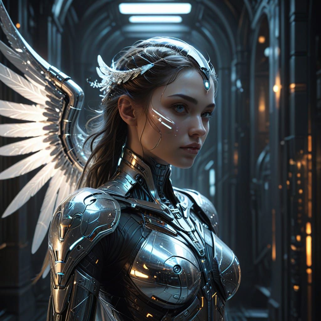 Hyper-Realistic Tron Angel Concept Art in Futuristic Chamber