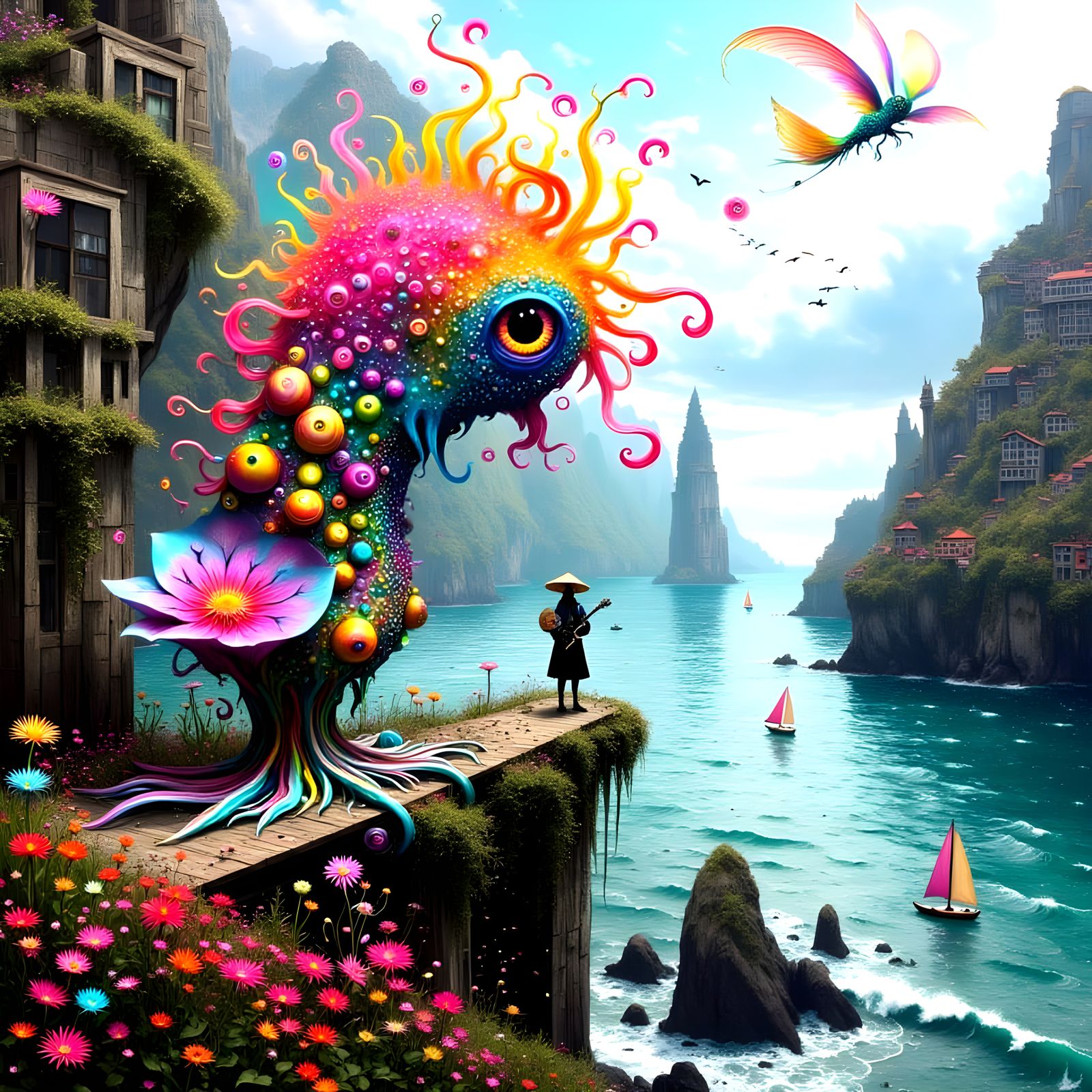 Fantasy Octopus and Alien Lute Player