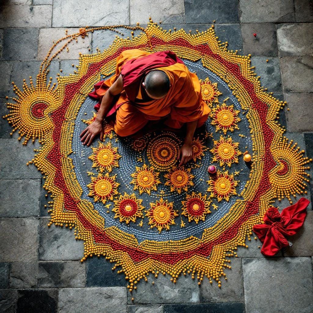 Lama Creating Beadwork Art in Nepal Temple