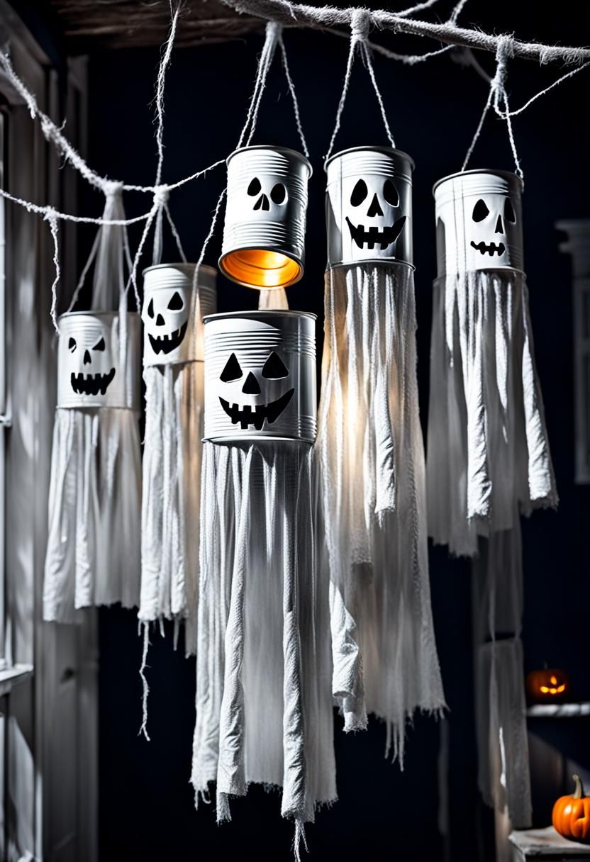 Halloween decorations made from string . Ghostly tin cans pa...
