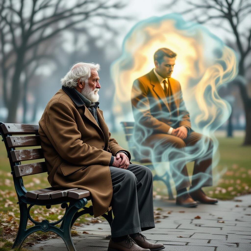 Weathered Man with Ghostly Double Exposure