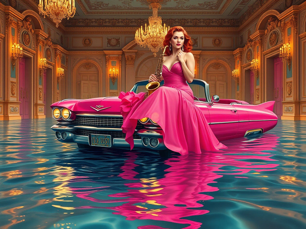 Opulent Submerged Palace Room with Pink Cadillac