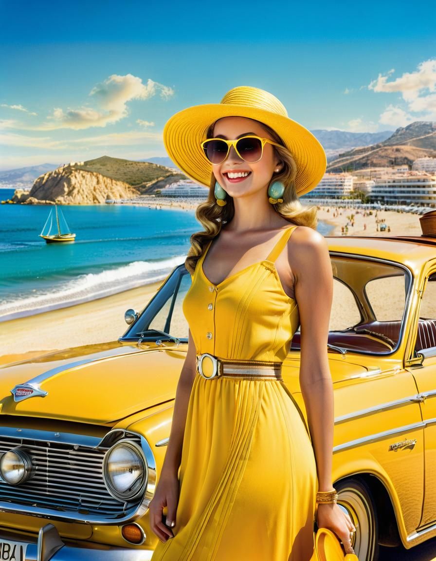 Retro-Futuristic Travel Poster of Woman on Fuengirola Beach