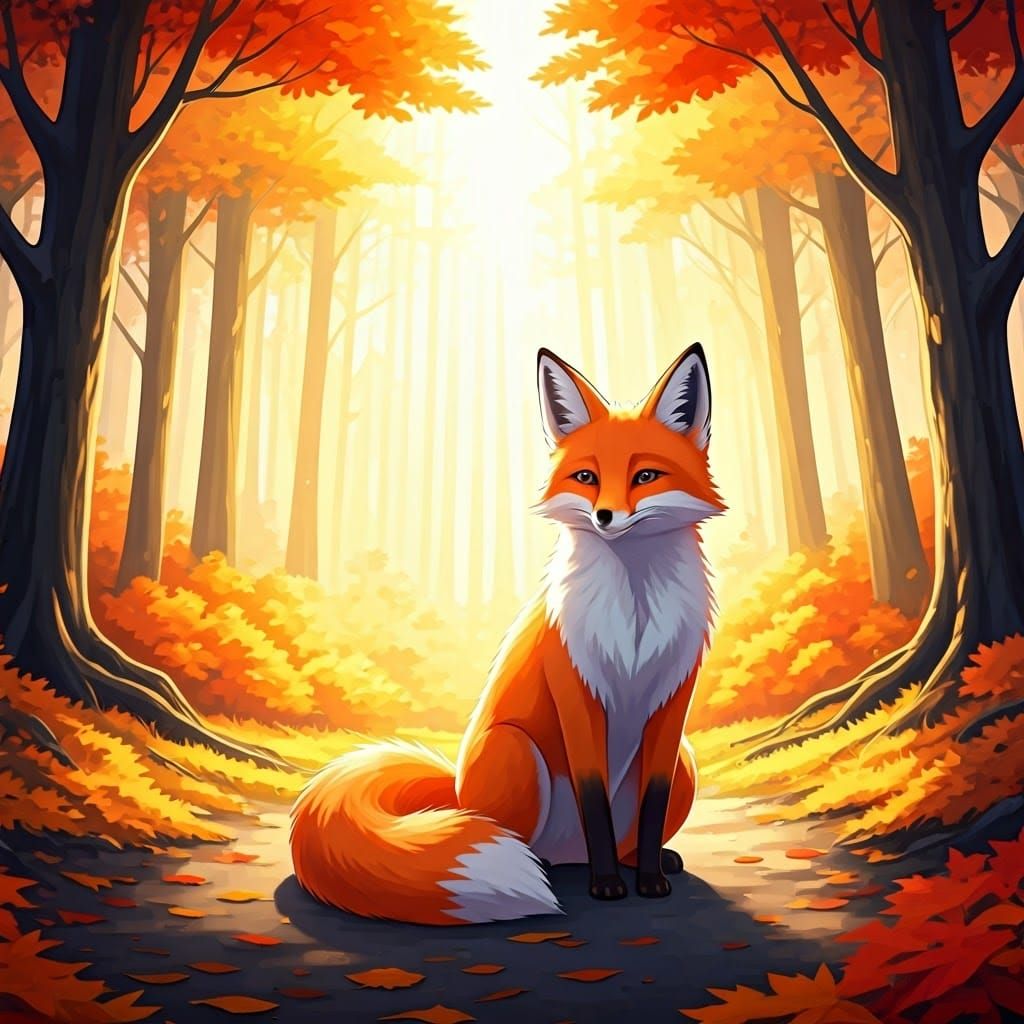 Anime Fox in Autumn Forest with Divine Light