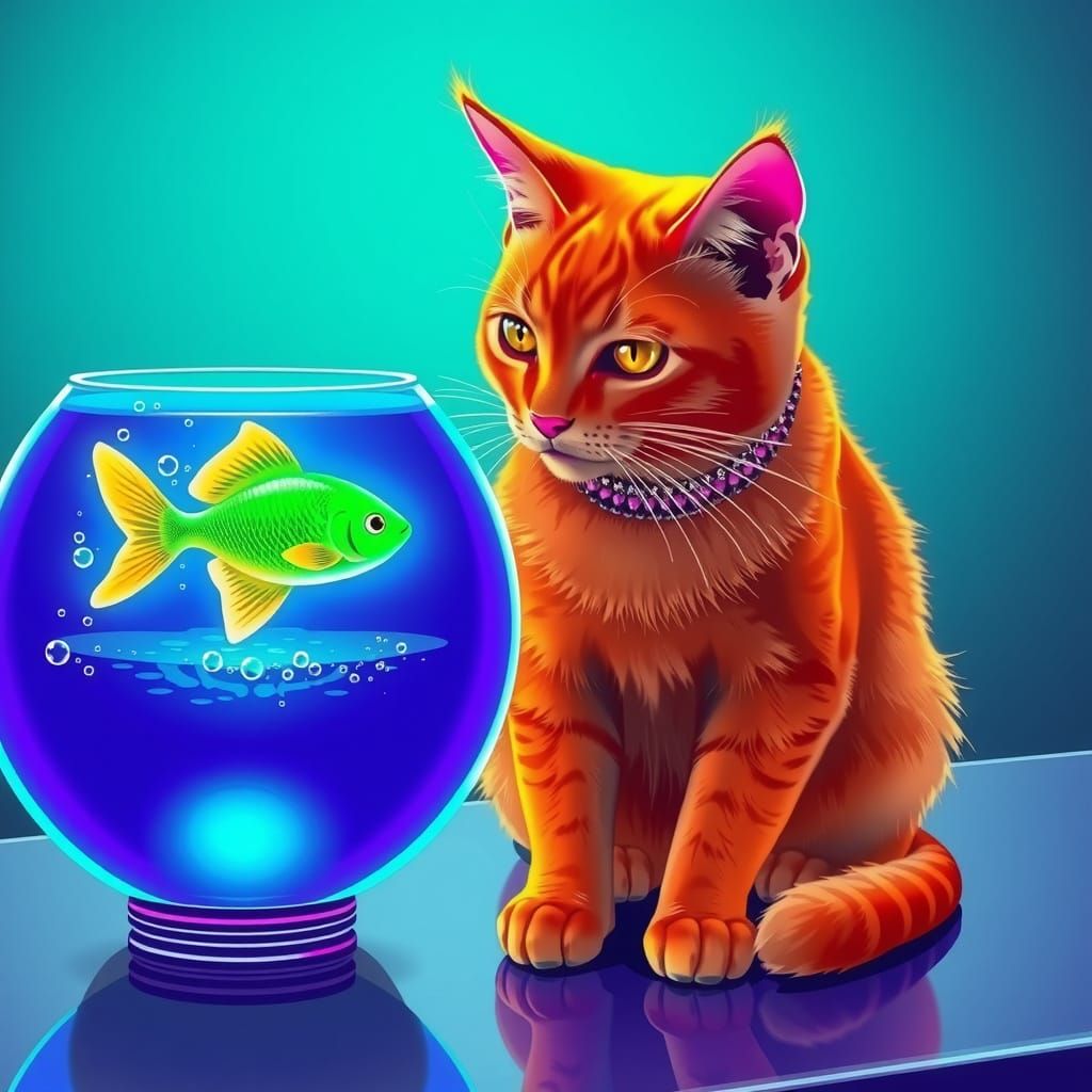 Neon Tabby Cat Gazing at Fish in Retro-Futuristic Style