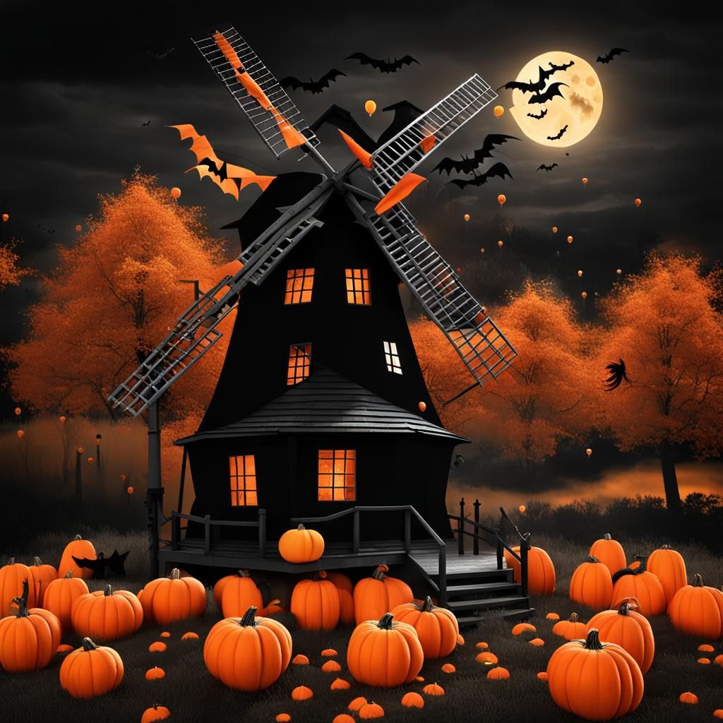 Halloween Windmill with Pumpkins in Kandinsky Style