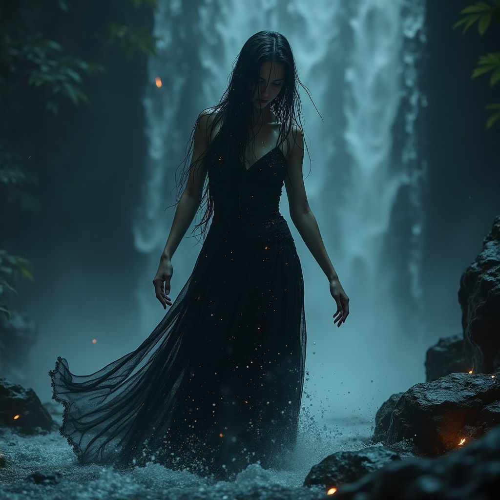Dark Witch Emerges from Misty Waterfall