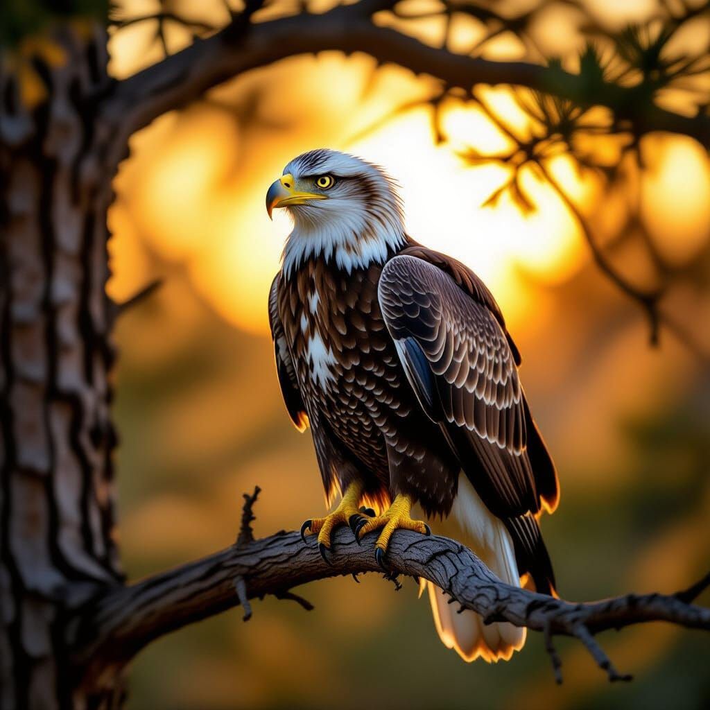 Majestic Eagle Perched on Tree Branch, Luminous Eyes