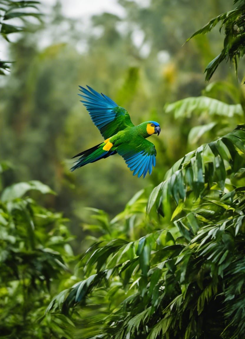 Amazon Parrot Flight Through Rainforest Canopy