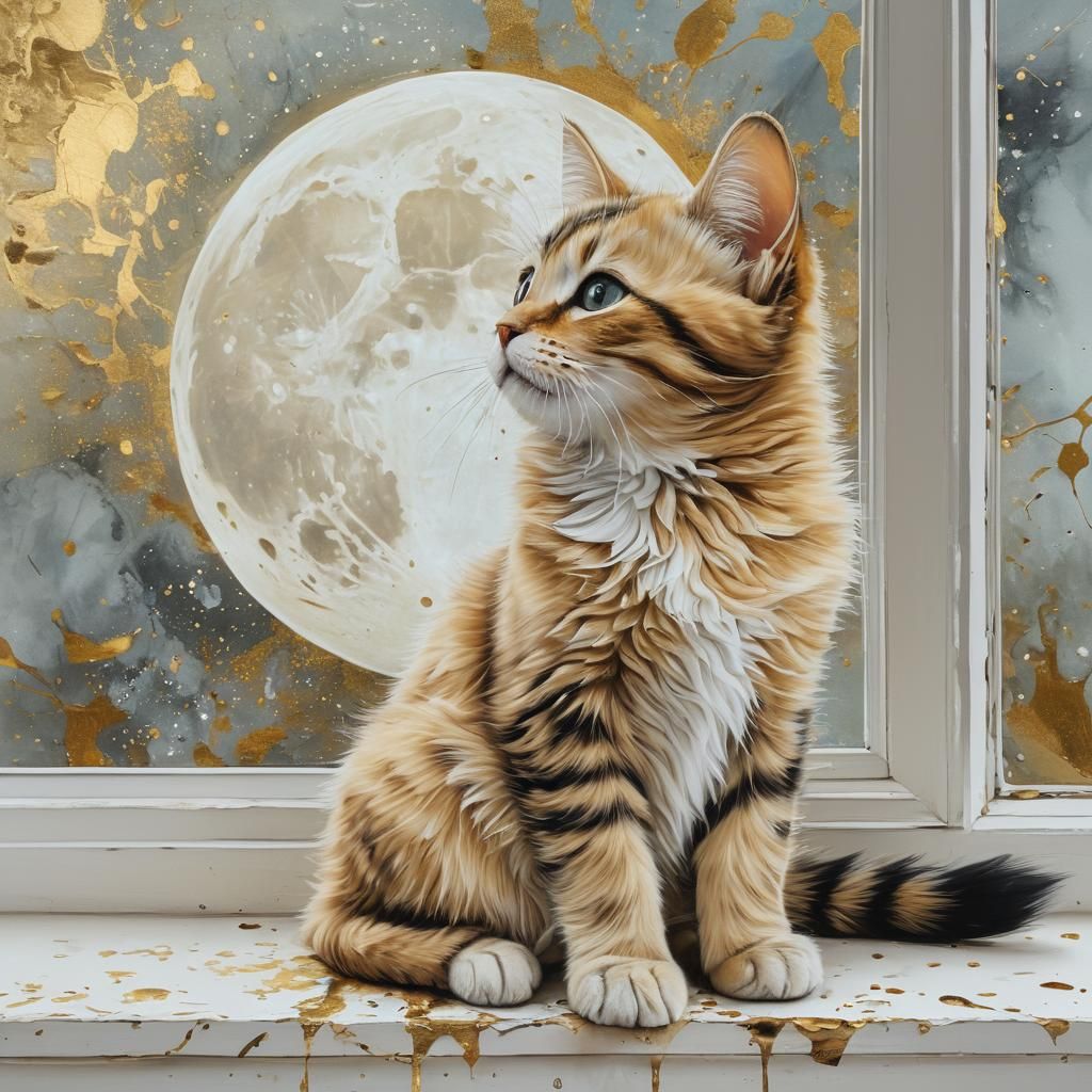 Kitten Gazing at Moon with Alcohol Ink Effects