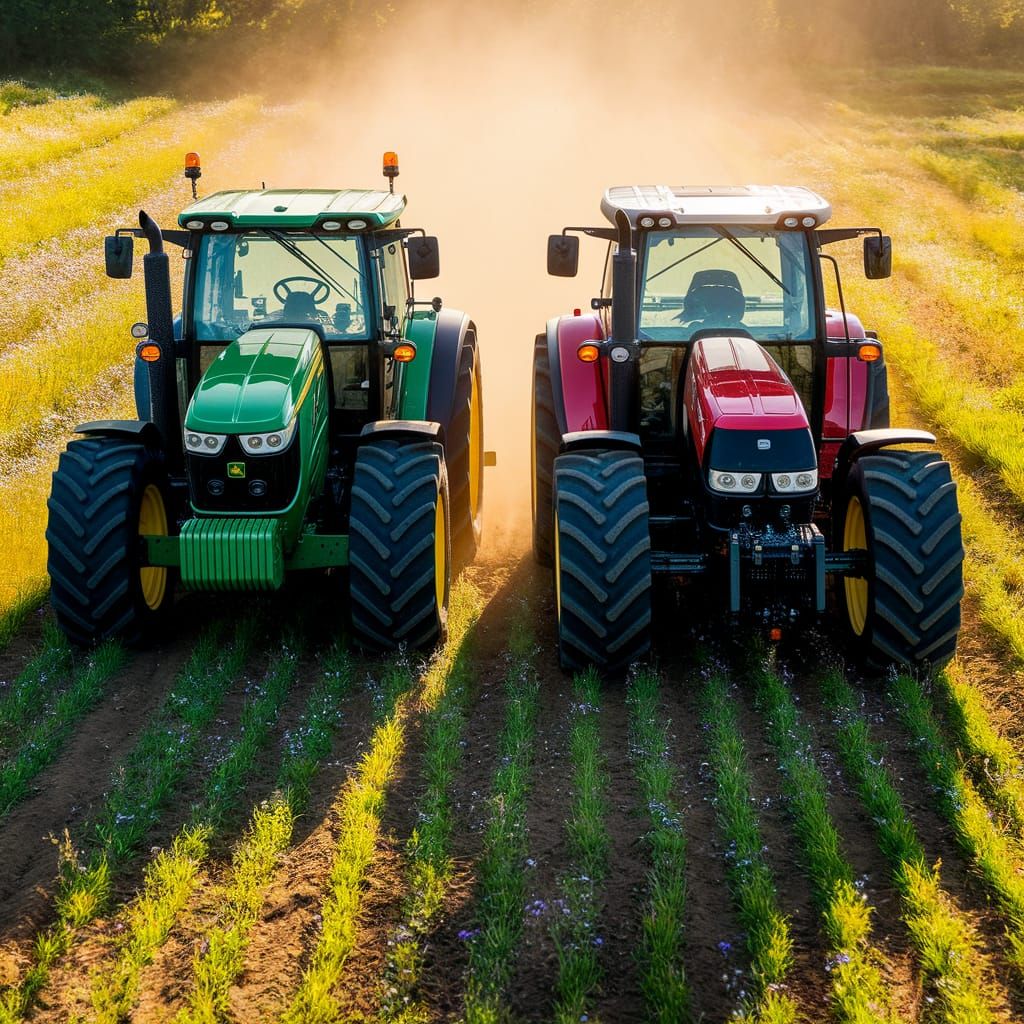 Tractors Racing Across a Golden Field in a Vibrant Landscape