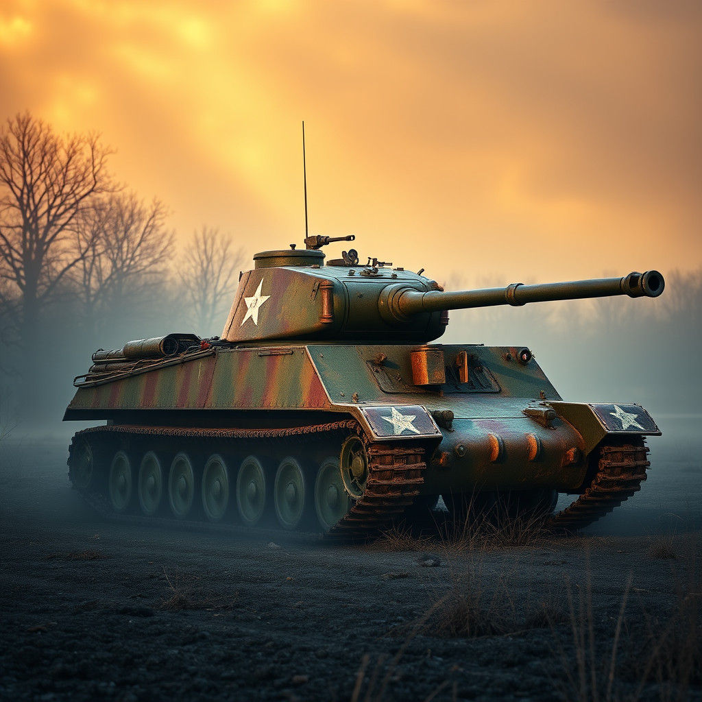 Sherman Tank on Waal River in Matte Painting Style