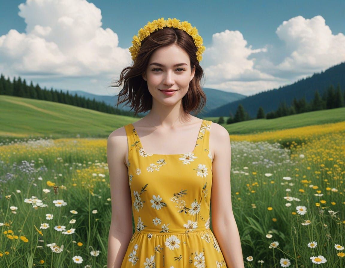 Vibrant Woman in Sunny Meadow in Whimsical Illustration Styl...