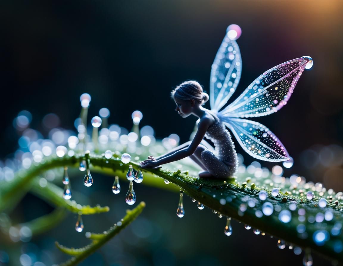 Iridescent Dewdrop Fairy on Bioluminescent Flower
