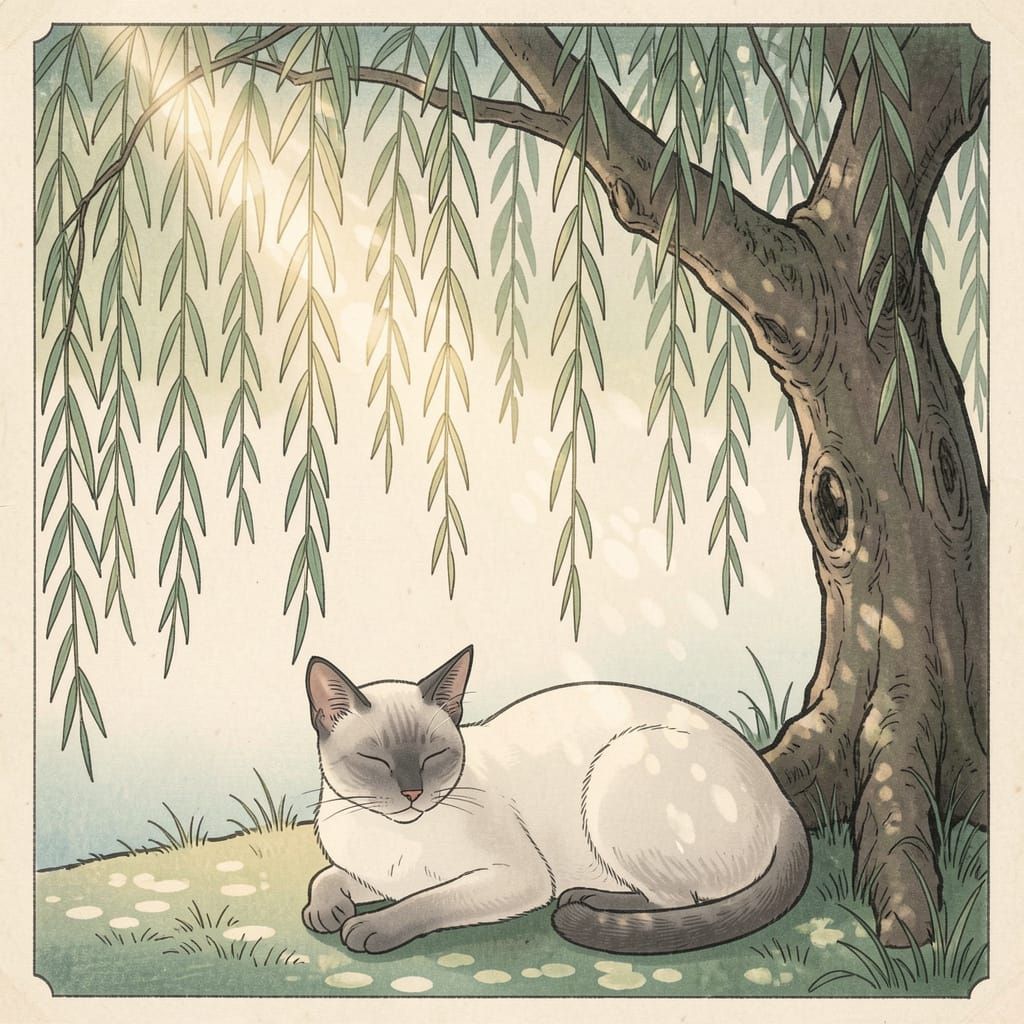 Slender Siamese Cat by Willow Tree in Illustrative Style