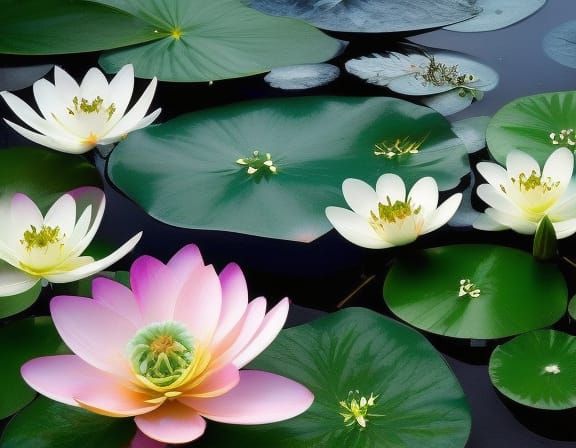 Lotus Flowers in Fantasy Garden: Hyperrealistic Painting