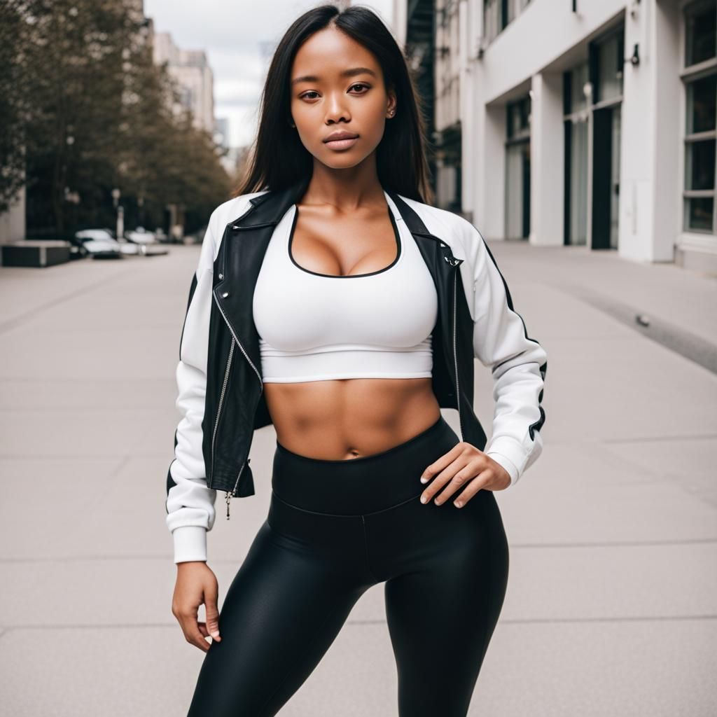 Girl in Sports Bra, Leggings, and Levi's Jacket