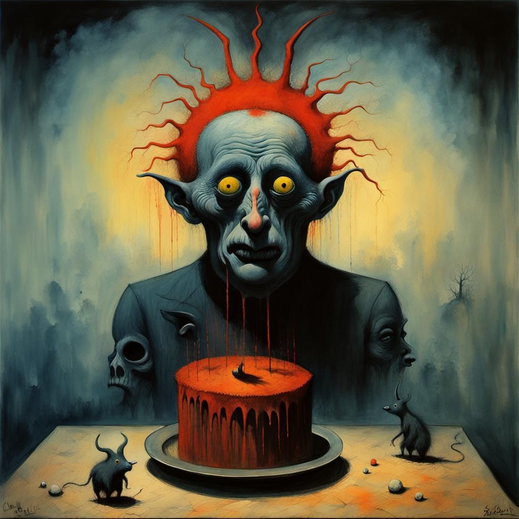 Devils in Hellish Landscape: Gouache Watercolor Masterpiece