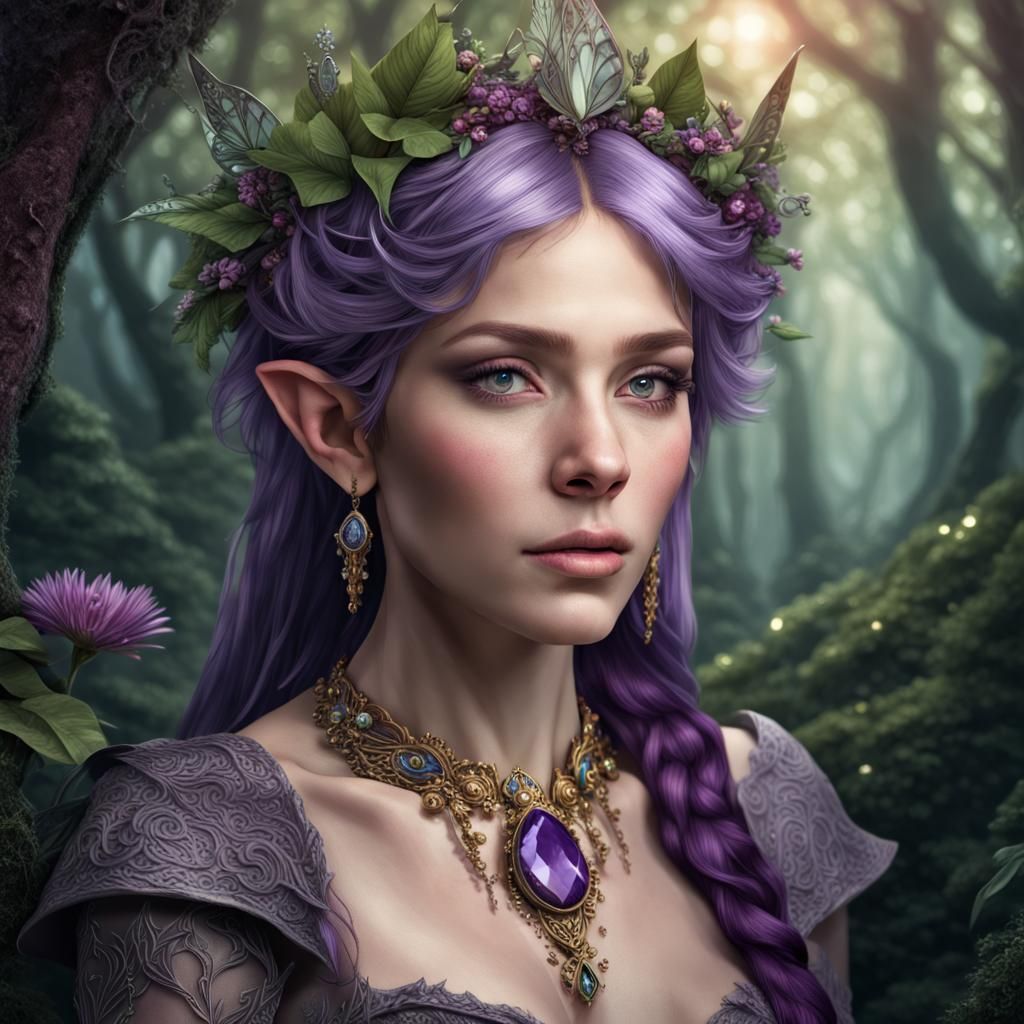 Regal Purple-Haired Elf Princess in Enchanted Forest