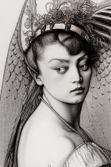 Angelic Figure with Metal Wings, as Realistic Sketch