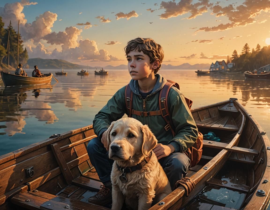 Boy, Dog and Teddy Bear in Rowboat: Hyperrealistic Splash Ar...