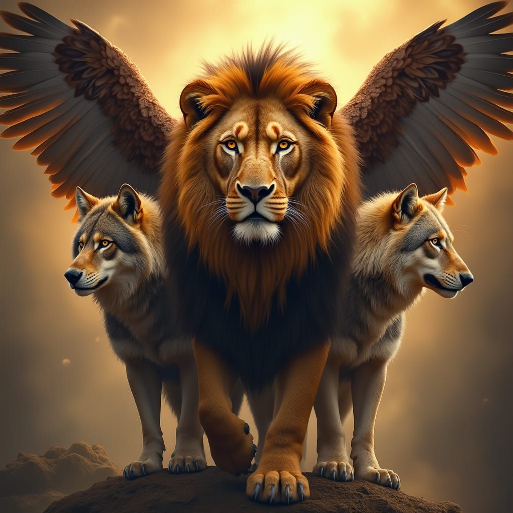 Majestic Lion, Eagle, and Wolf in Triangular Harmony