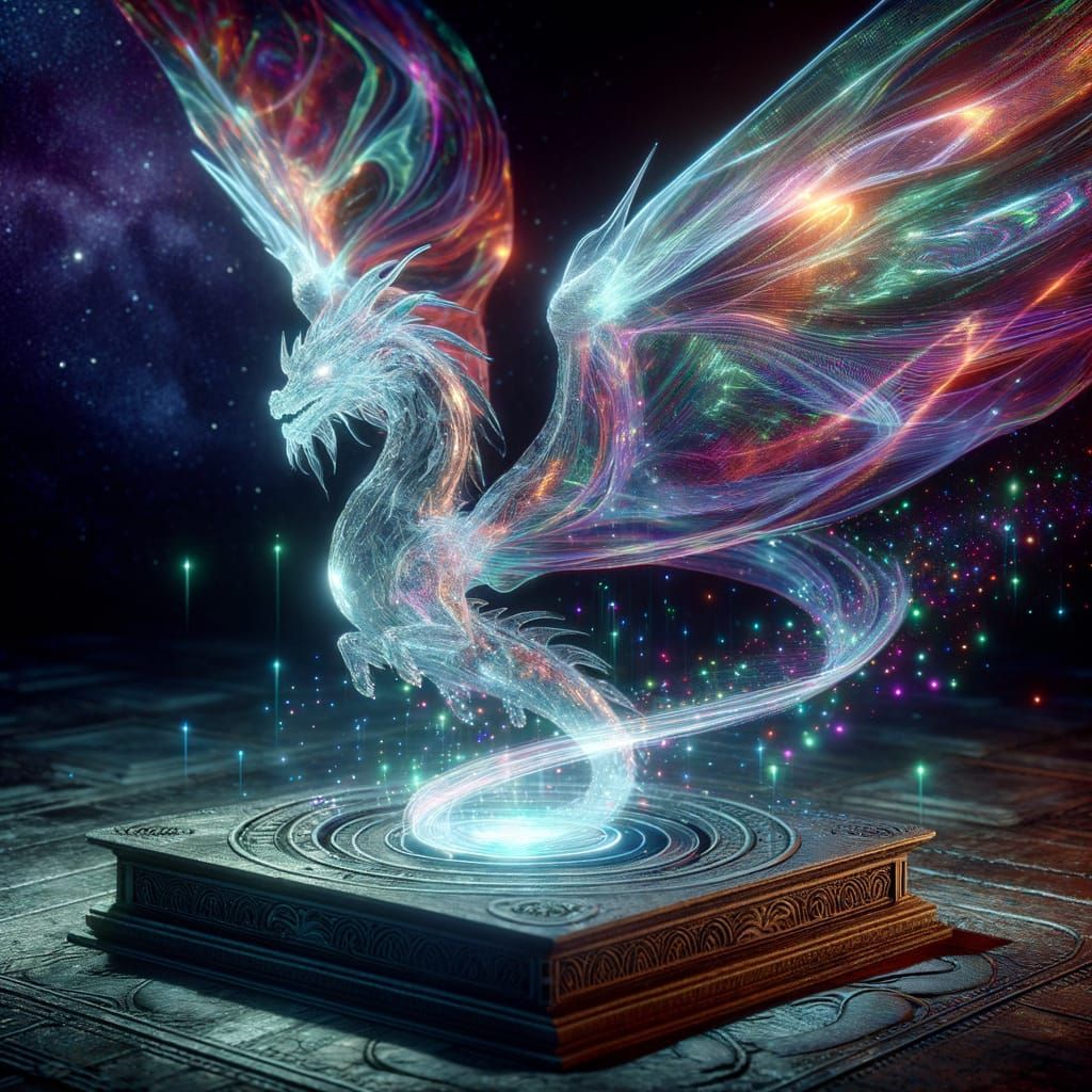 "A holographic [INSERT SUBJECT, e.g., 'hummingbird,' 'phoenix,' 'butterfly'] made of shimmering, radiant light, emerging...