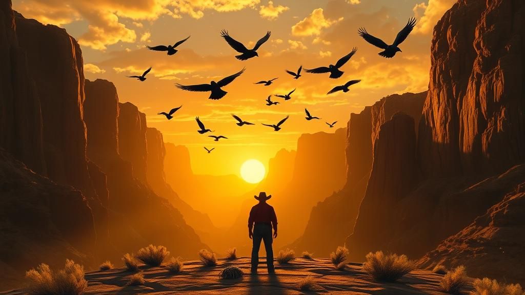 Cowboy in Dreamlike Canyon with Levitating Tumbleweed