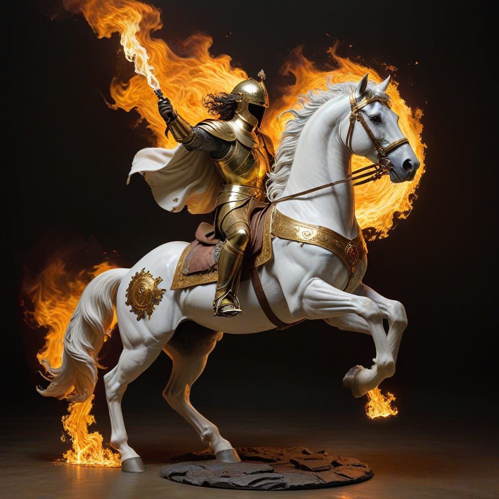 Golden Knight Horse Rears Up in Flames, Shield in Mouth