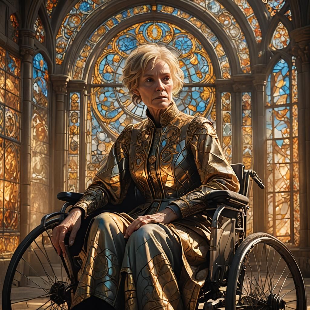 Ill Woman in Ornate Wheelchair with Stained Glass