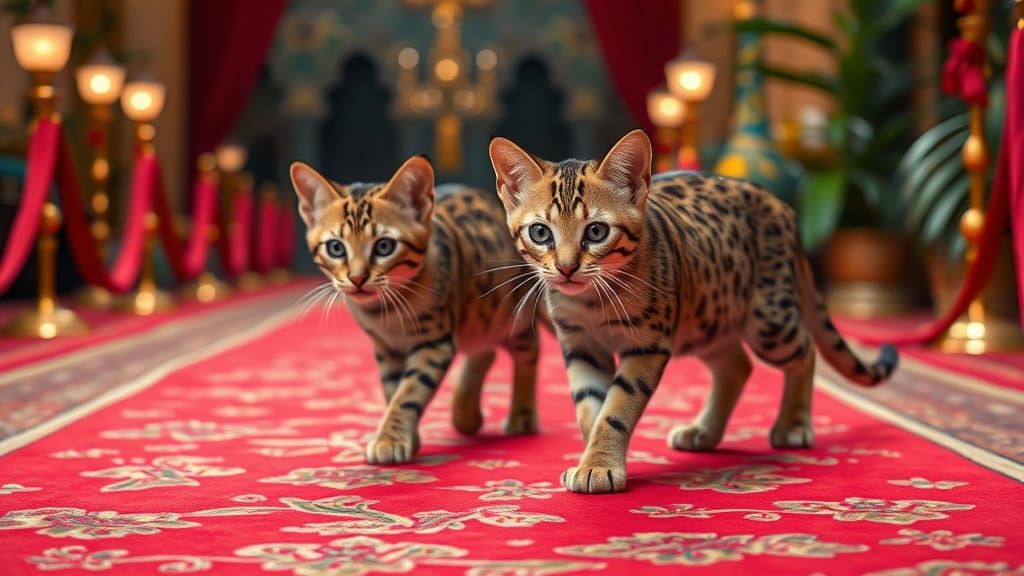 Exotic Felines Strut Down a Vibrant Red Carpet