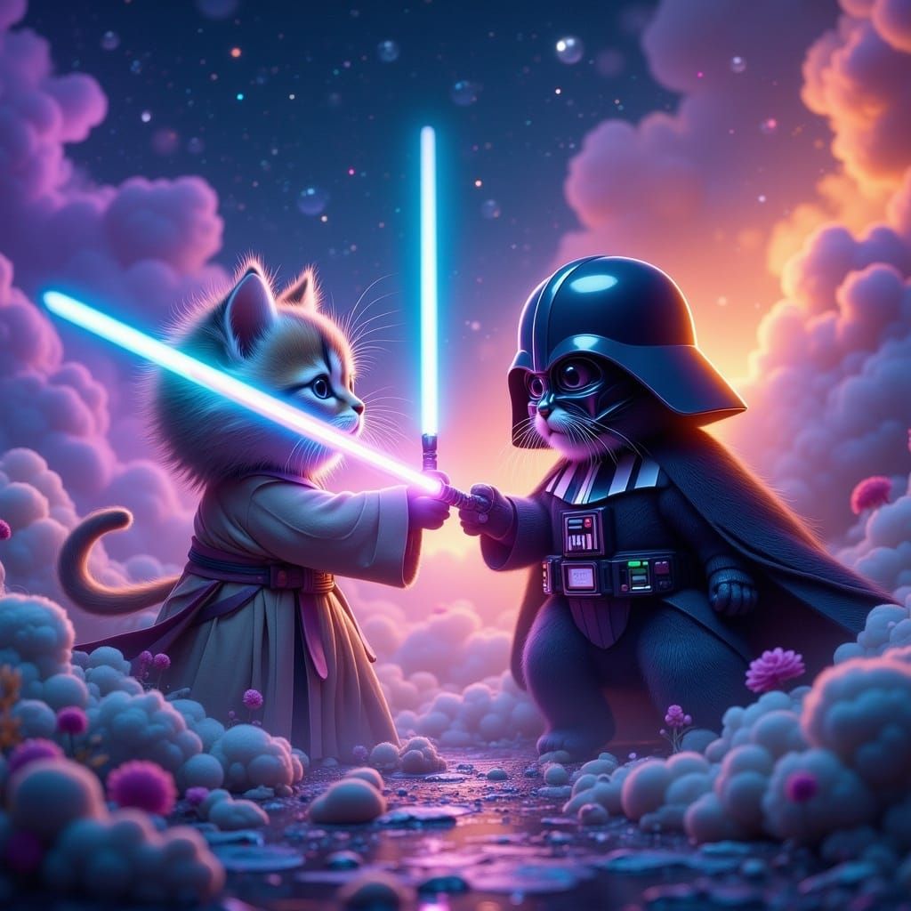 Kitten Jedi vs. Vader in Neon Galaxy