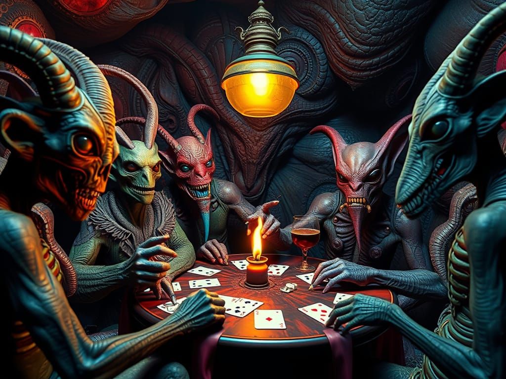 Whimsical Extraterrestrial Poker Party in a Dystopian Wonder...
