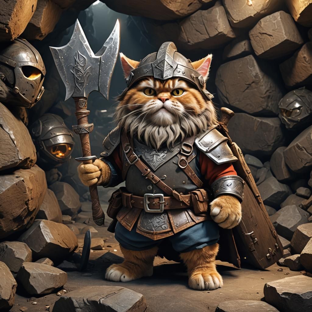Gimli Cat Miner in Cave, Octane Render