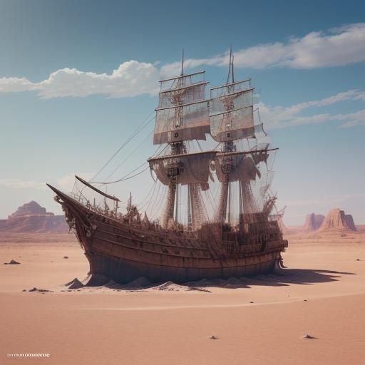 Desert Pirate Ship: Cosmic Holographic Illustration