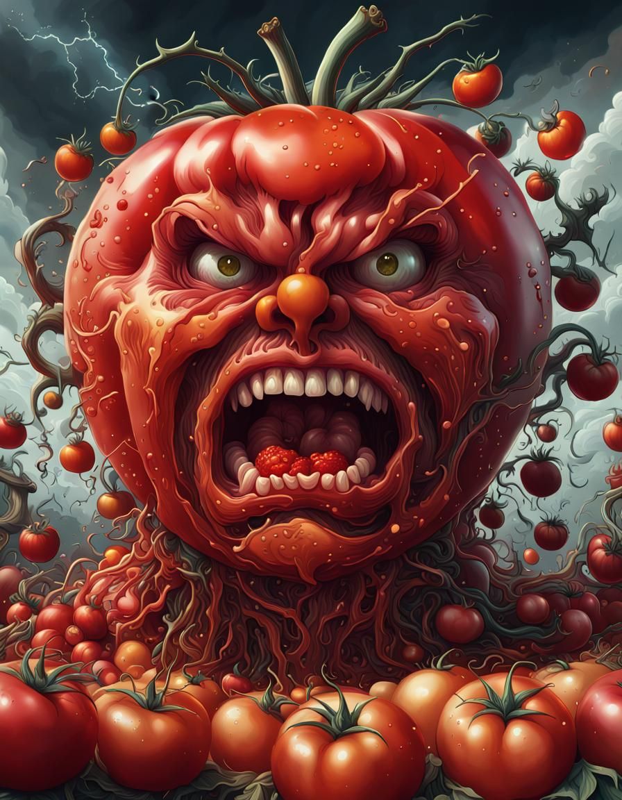 Furious Giant Tomato in Surreal Fantasy Style