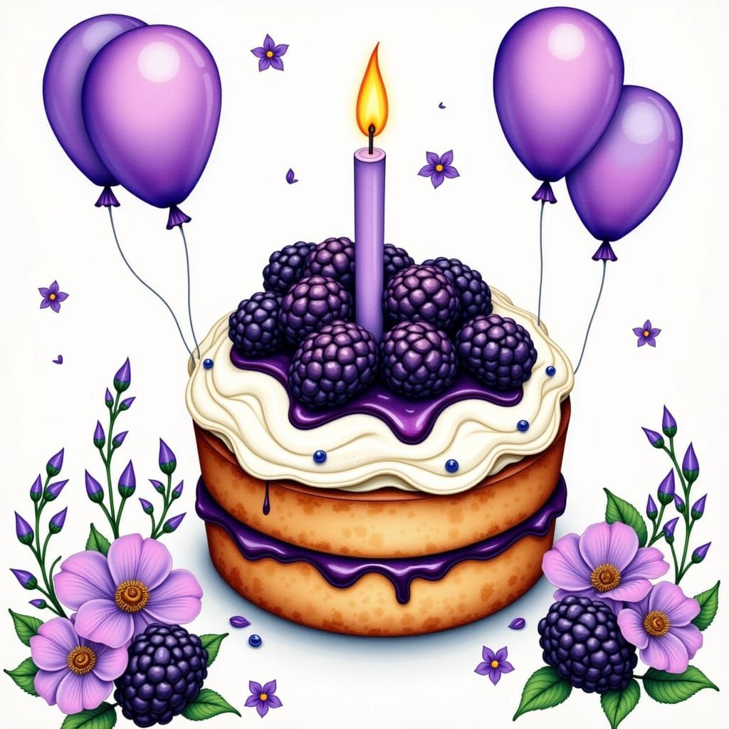 Delicate Watercolor Birthday Party Scene with Blackberry Cak...