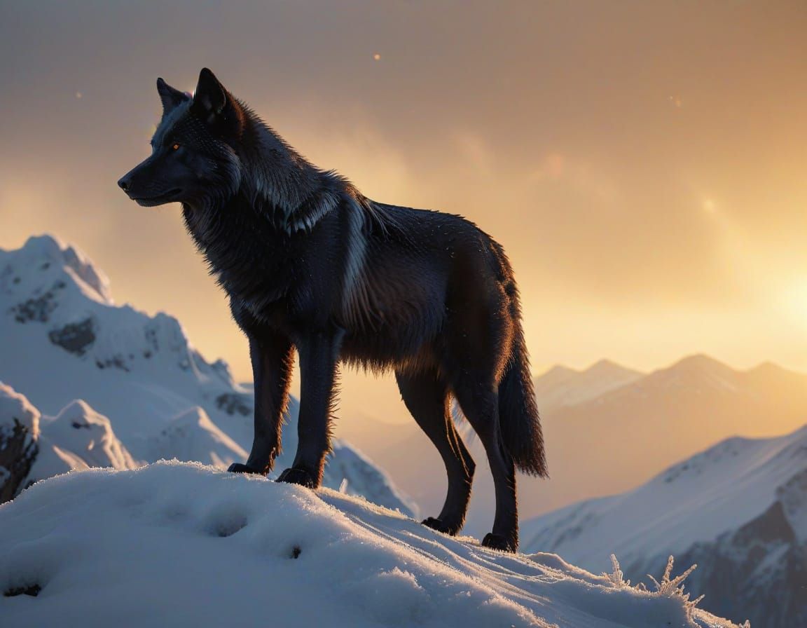 Regal Black Wolf in Snowy Mountain Landscape