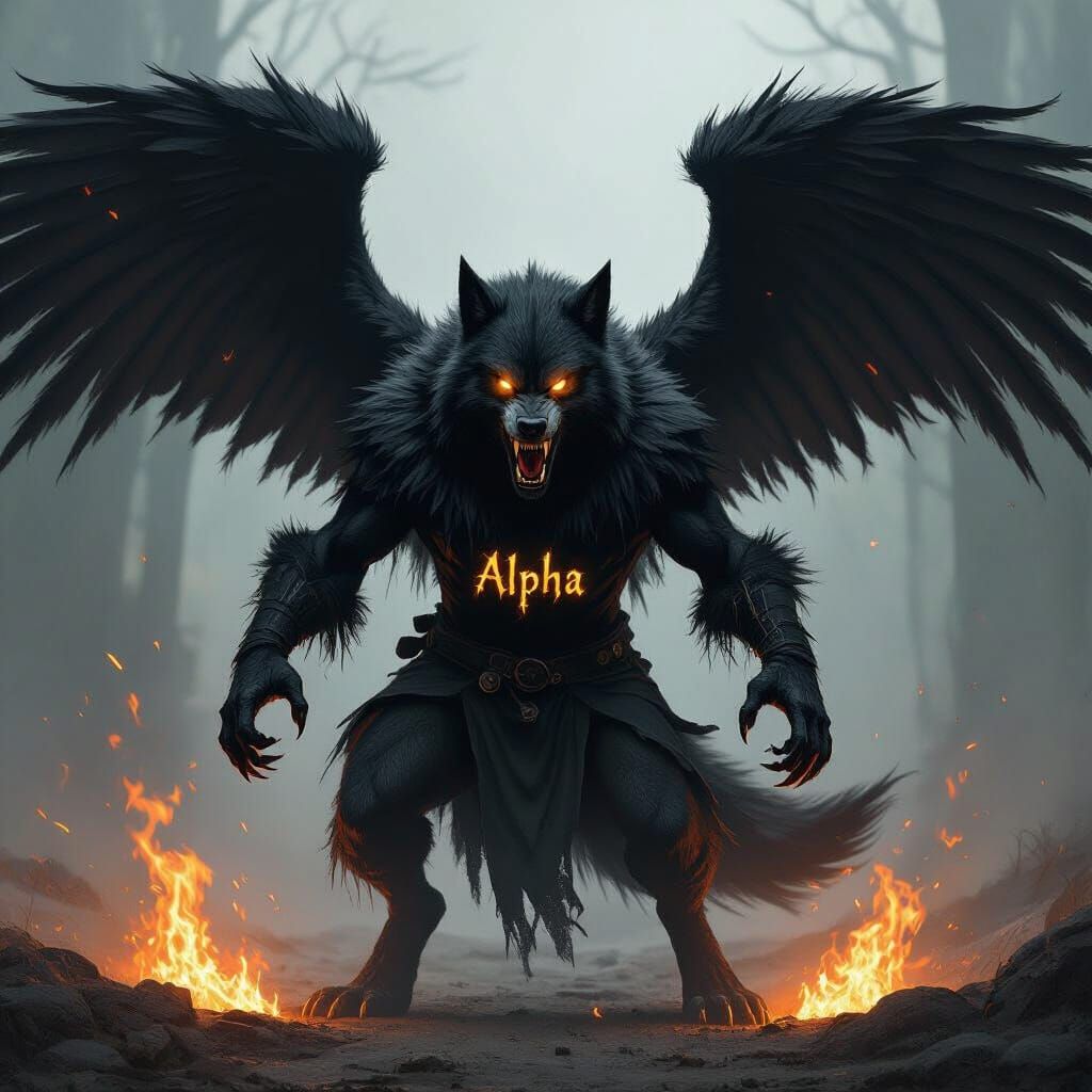 Fearsome Winged Werewolf Roaring with Fiery Paws
