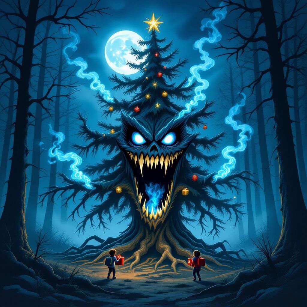 Macabre Christmas Tree Chases Children in Gothic Forest