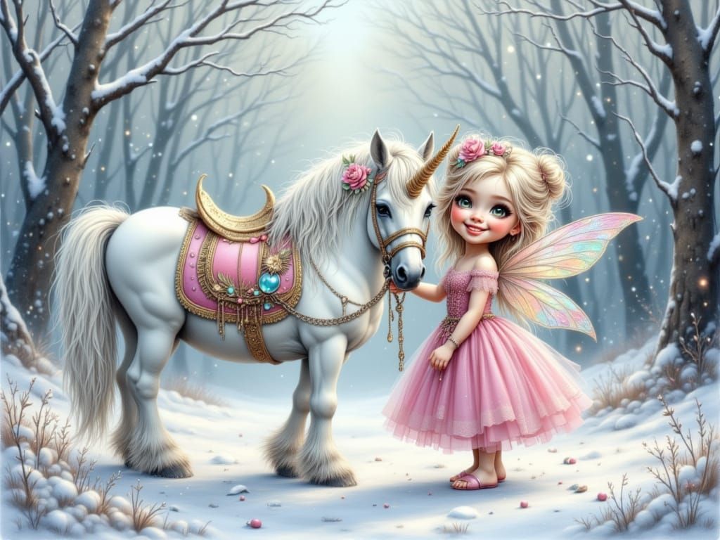 Fairy Princess and Unicorn in Snowy Enchanted Forest