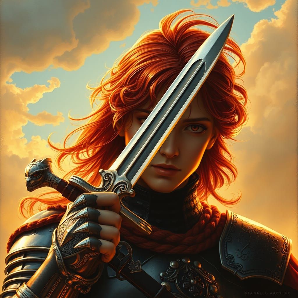 Epic Redhead Knight in Golden Hour, Romantic Art Style
