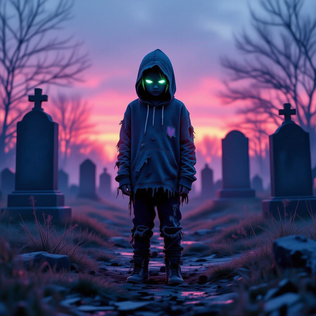 Neon Child in Misty Cemetery at Dusk