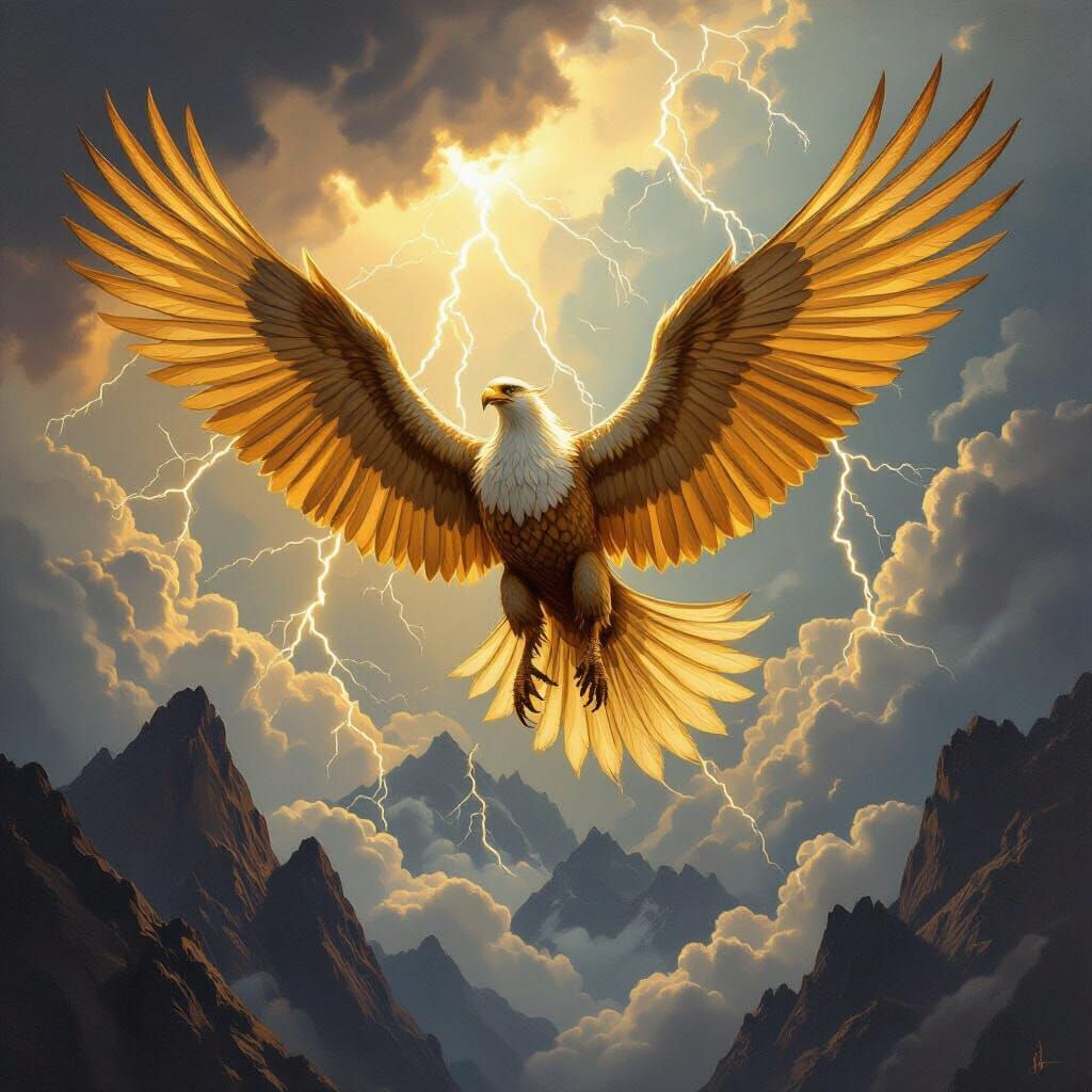 Griffin Soaring Through Stormy Sky as Oil Painting